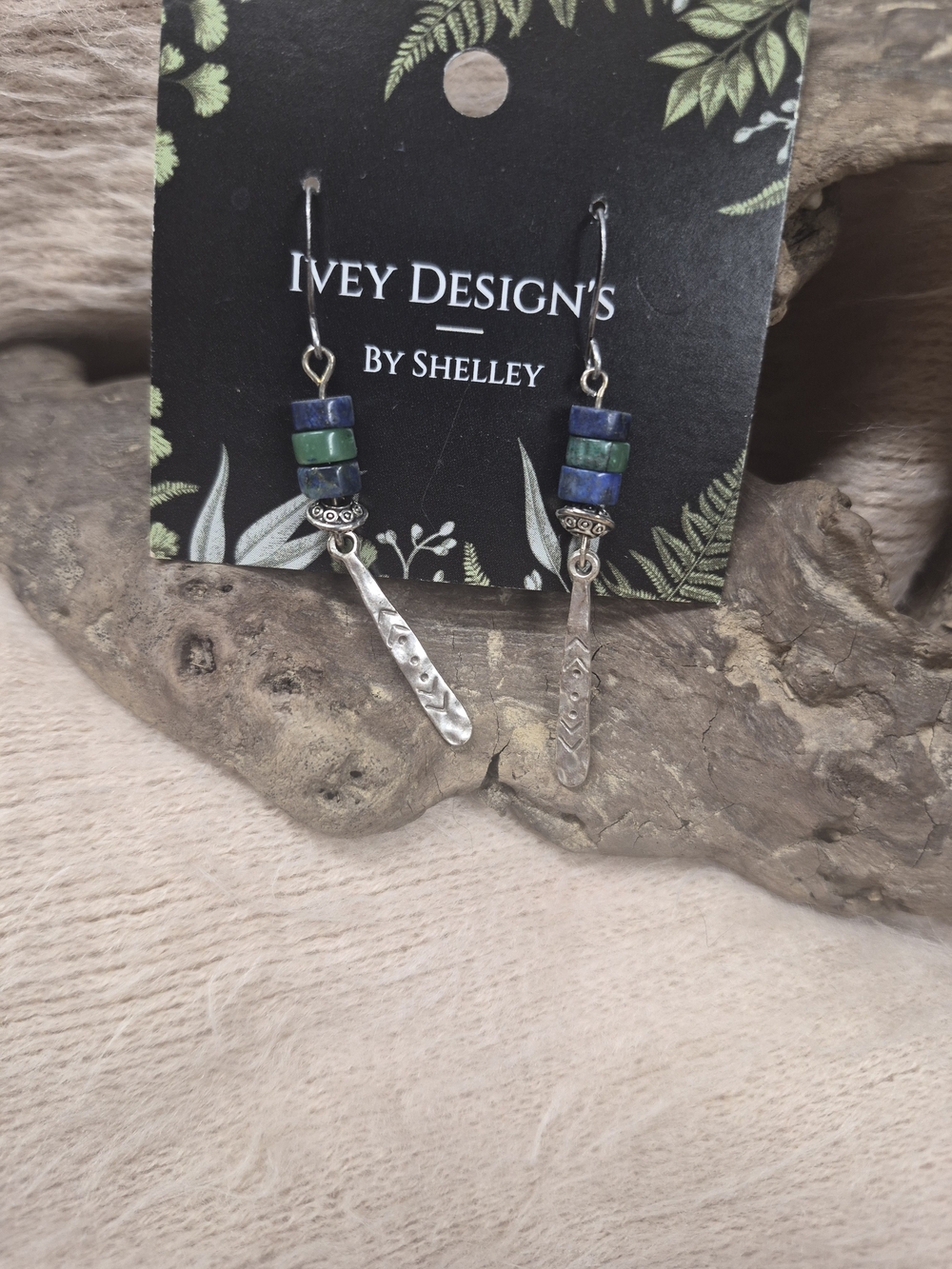 Ivey Design's Silver Tone Green & Blue Bead Drop Earrings by Shelley